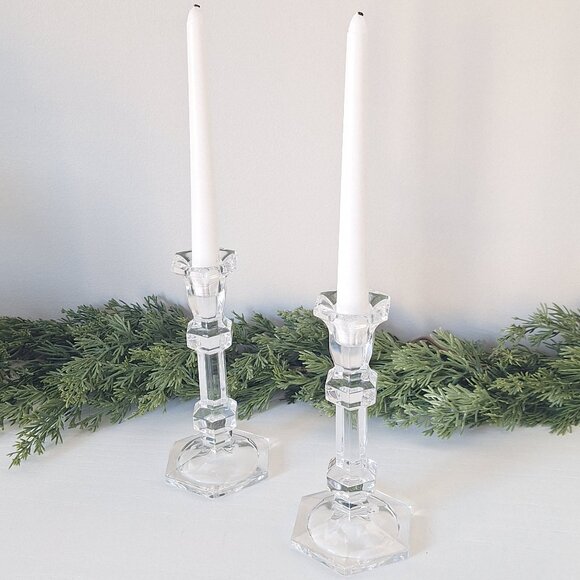 Vintage Crystal Candlesticks Glass Taper Candle Holders - Set of 2 - Picture 1 of 2